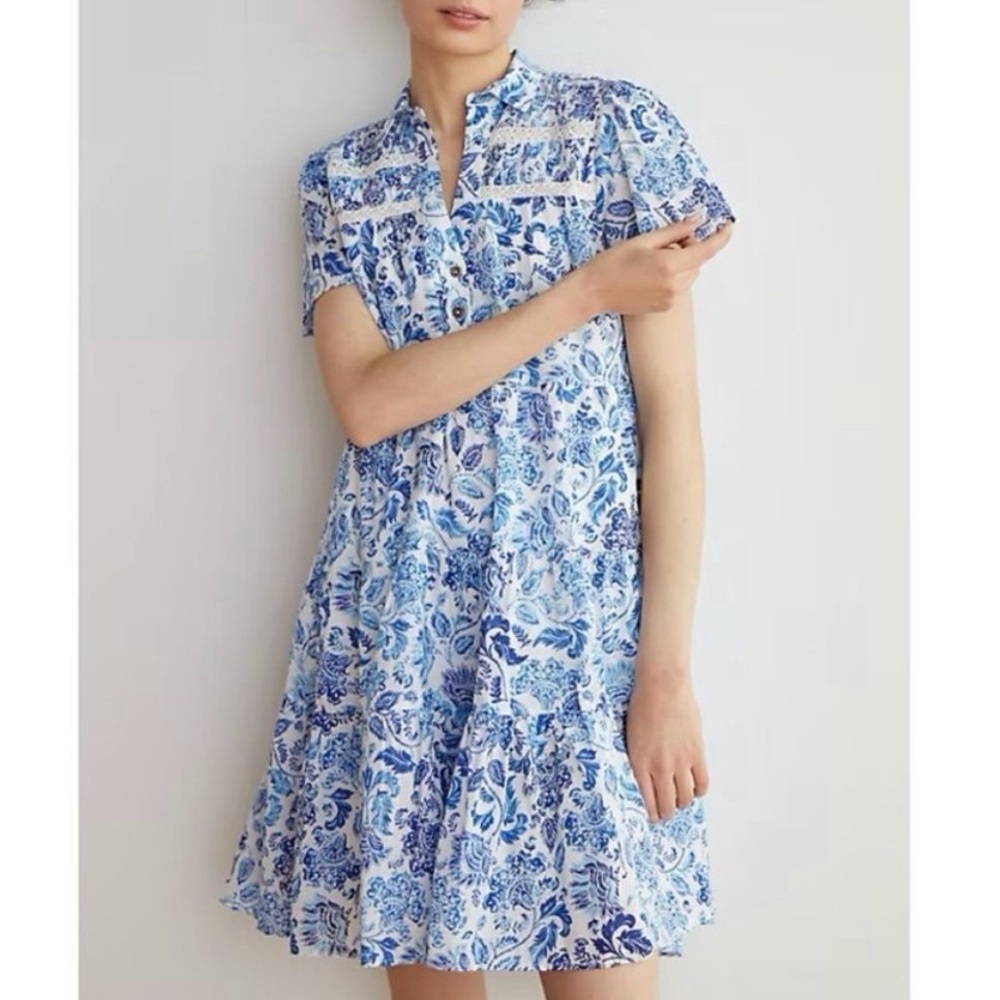 Anthropologie Georgina Tiered Blue Floral Paisley Shirtdress
